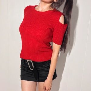 Rose Bud Red Knit Cold Shoulder Top